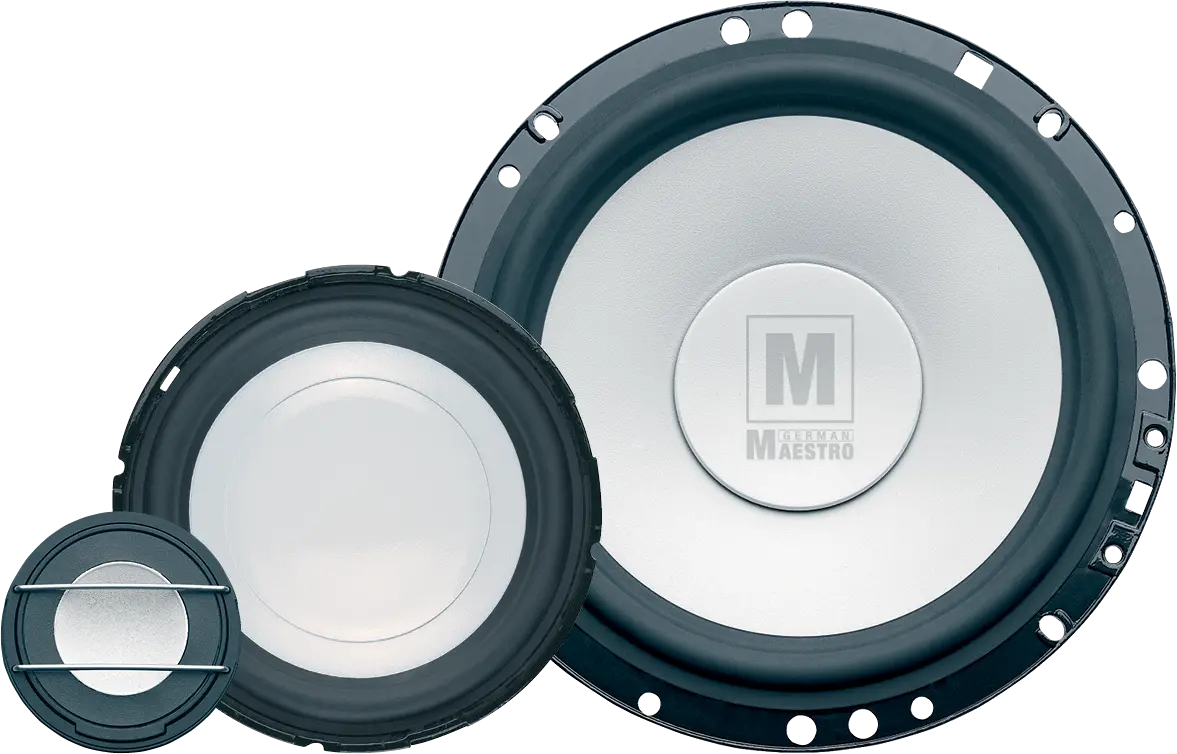 The German Maestro MS 64.3 three-way component speaker system, featuring a 6.5" midbass driver, a 4" midrange driver, and a 40mm tweeter